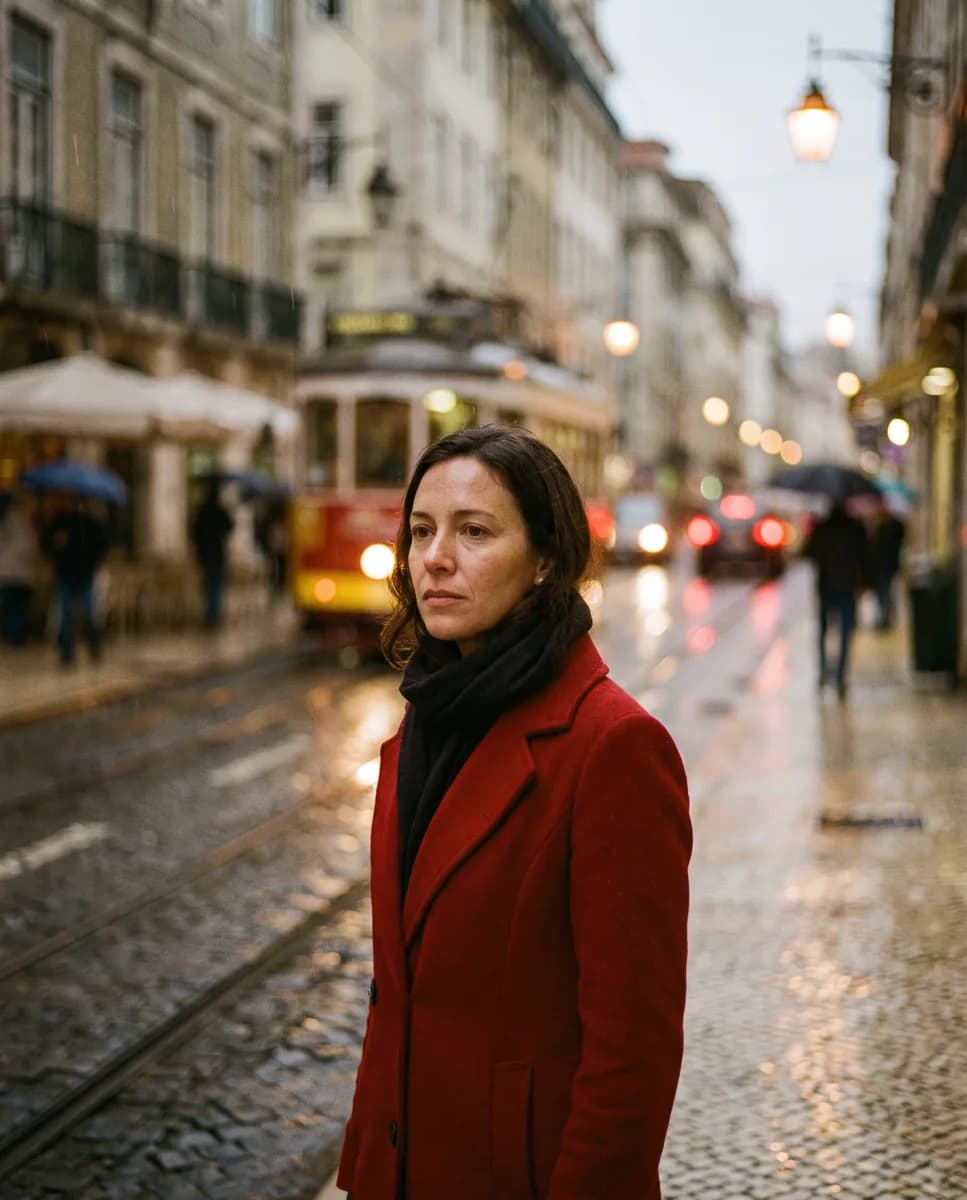 Woman in a red coat on a rainy street at dusk