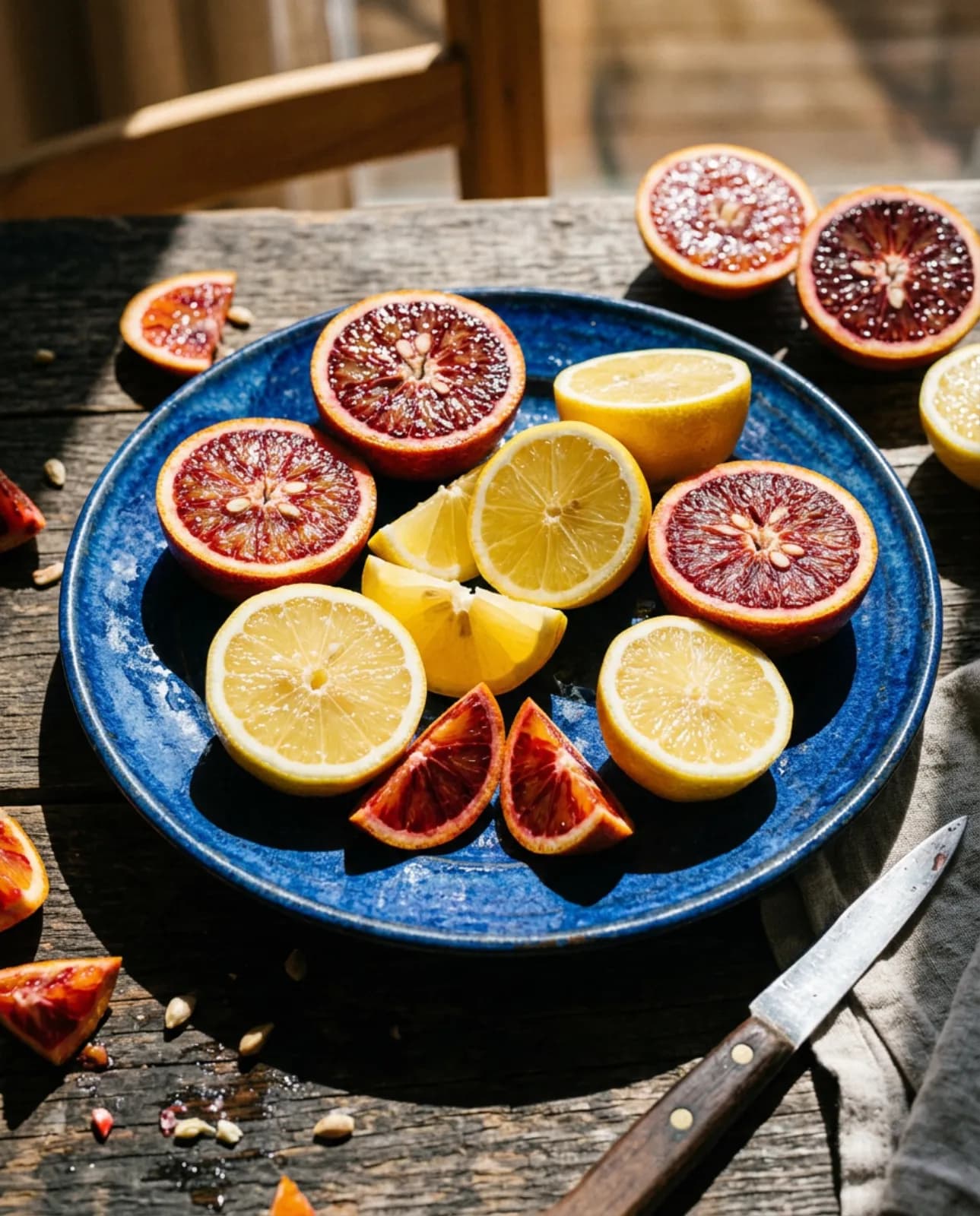 Blood oranges and lemons on a blue plate in hard sunlight