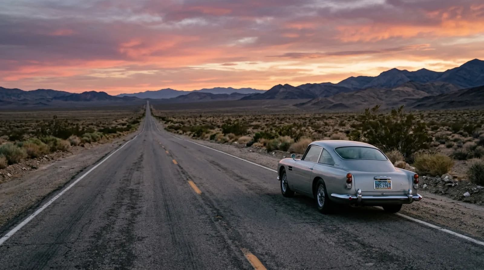 Silver car on a desert road at dusk